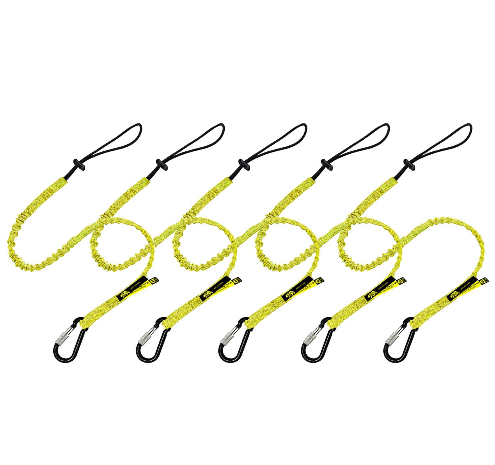 BearTOOLS Tool Lanyard with Buckle Strap - Clip Bungee Cord - Heavy Duty Screw Locking Carabiner - Fall Protection - Adjustable Loop End - Tough Tether - Construction - 5 Pack (Yellow 0925YS)