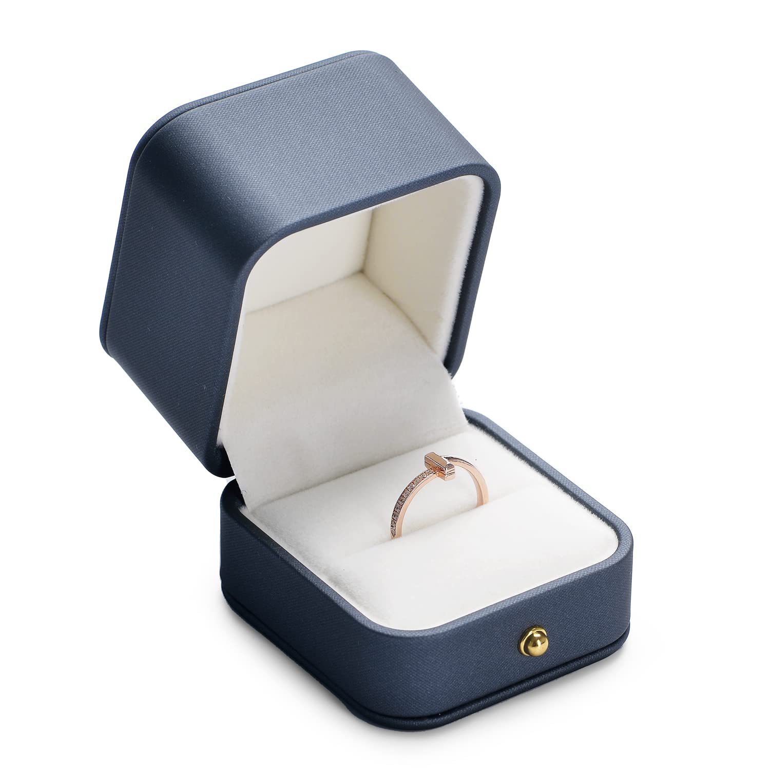 Oirlv Elegant Dark Blue Ring Box with Soft Beige Velvet Interior Perfect for Engagement, Wedding, and Travel Ring Storage