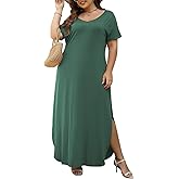Nemidor Plus Size Maxi Dresses for Curvy Women Casual Summer Slit Loose Short Sleeve Long Dress with Pocket 14-26