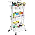 Pipishell 3-Tier Rolling Cart with Wheels - Rolling Storage Cart with Hanging Cups & Hooks - Mobile Utility Cart for Office, Kitchen, Craft Room - Art & Craft Organizer, White, PIUC06W