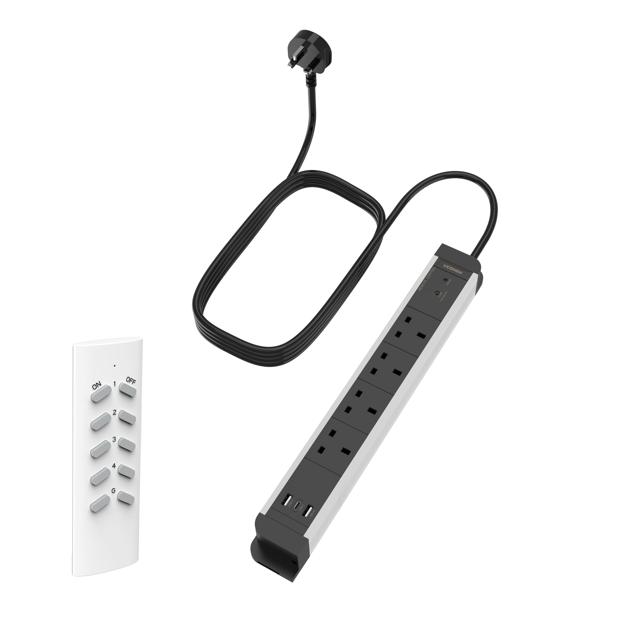 Ucomen 4 Way RF Extension Lead with 3 USB Slot, Remote Control 5 Gang Multi Plug Extension, 1.8 M Cable, 13A/3120W, Black