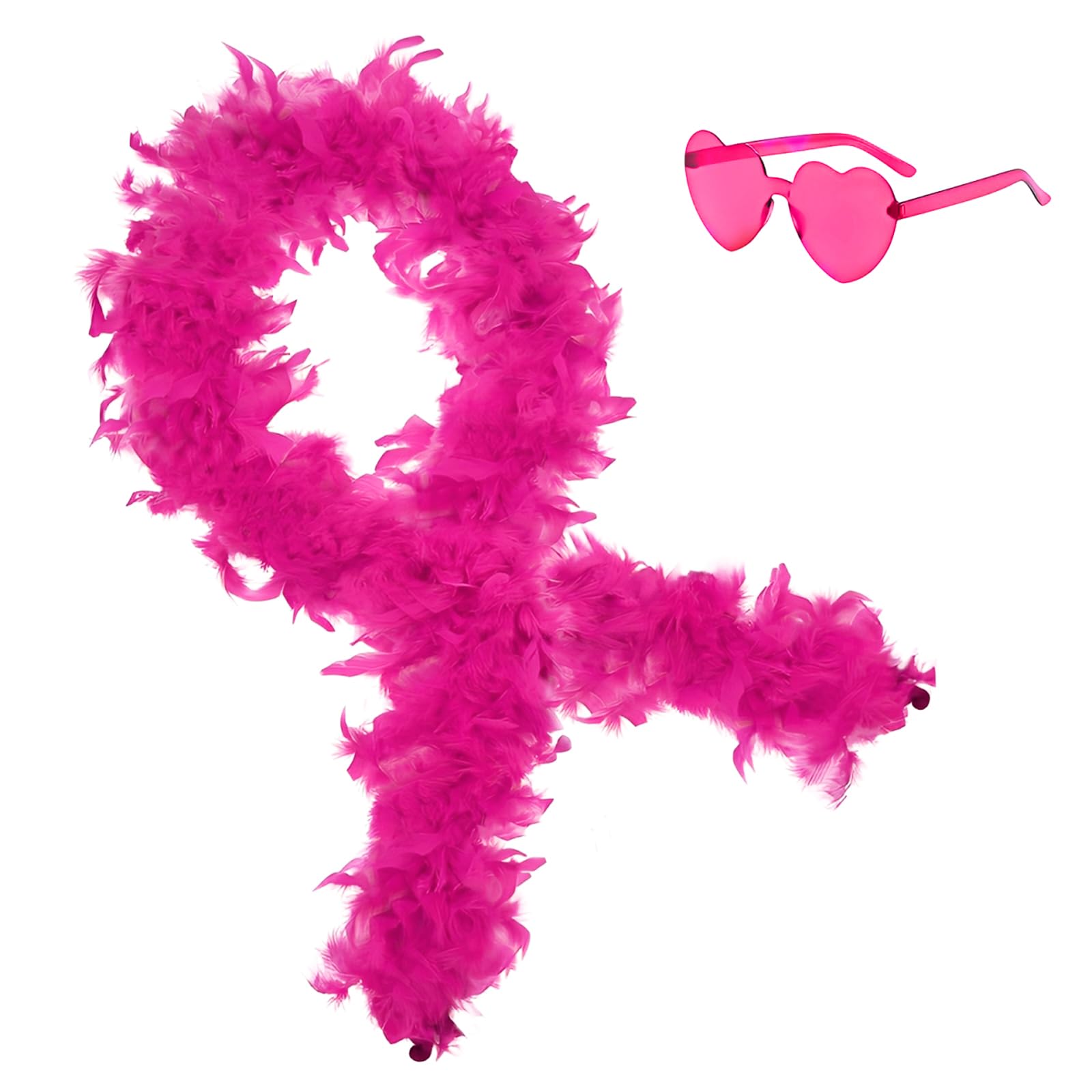 2Pcs Colorful Fancy Dress Feather Boa Set, 6.6ft Feather Boa with Heart Rimless Sunglasses for Women, Artificial Fluffy Boa Decorations wit for Dancing Wedding Party Cosplay Halloween (Hot Pink)