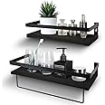 Y&ME YM Black Floating Shelves with Towel Rack - Set of 2 Bathroom Shelves Wall Mounted Hanging, Wood Floating Decorative Shelves for Stylish Storage in Bathroom, Kitchen, Living Room & Bedroom