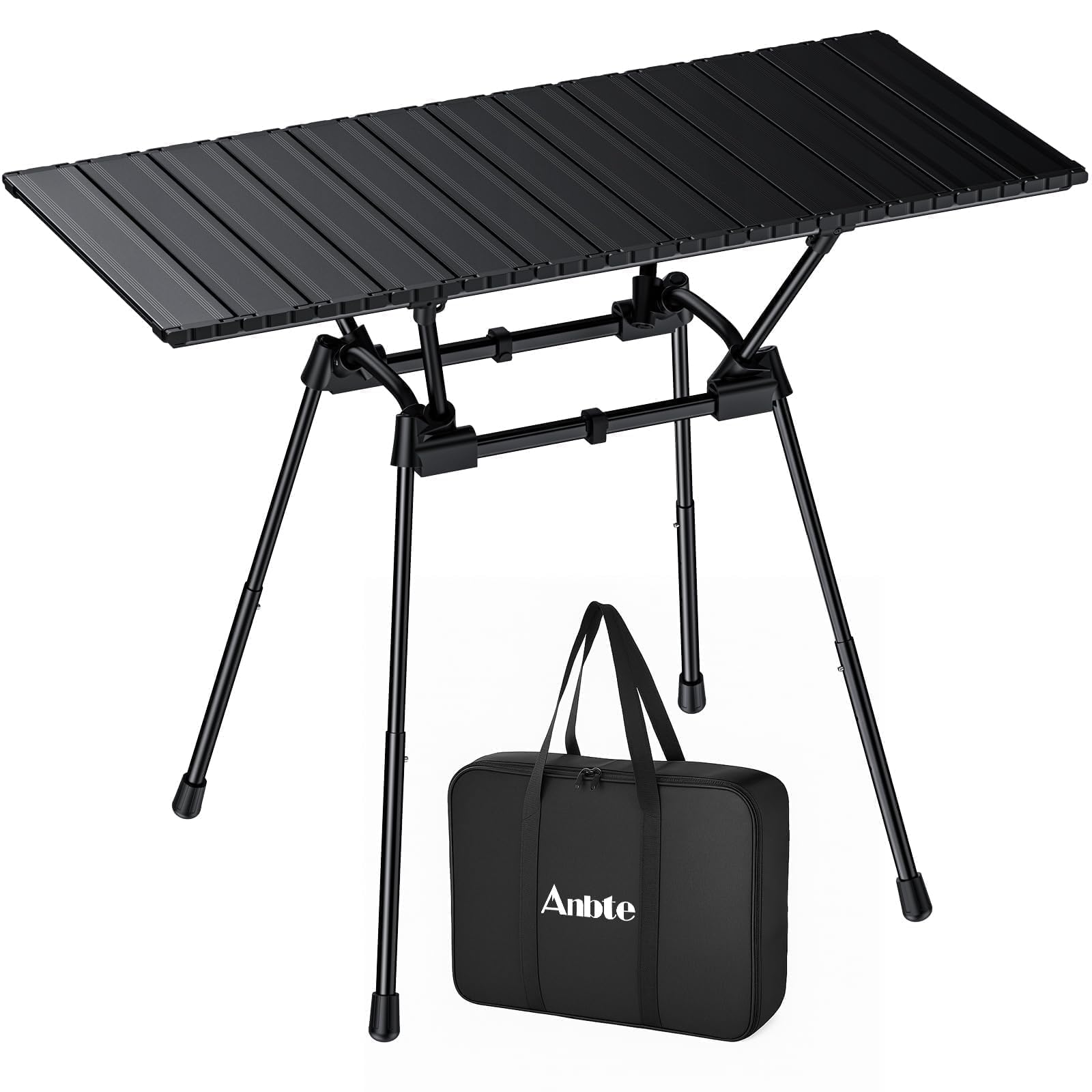 Photo 1 of Anbte 3ft Roll Up Camping Table Max 27.5", 4 Adjustable Heights Aluminum Camping Table Foldable Waterproof with Carrying Bag, Lightweight, for Garden Picnic Outdoor Travel Beach, 35” X 16”, Black