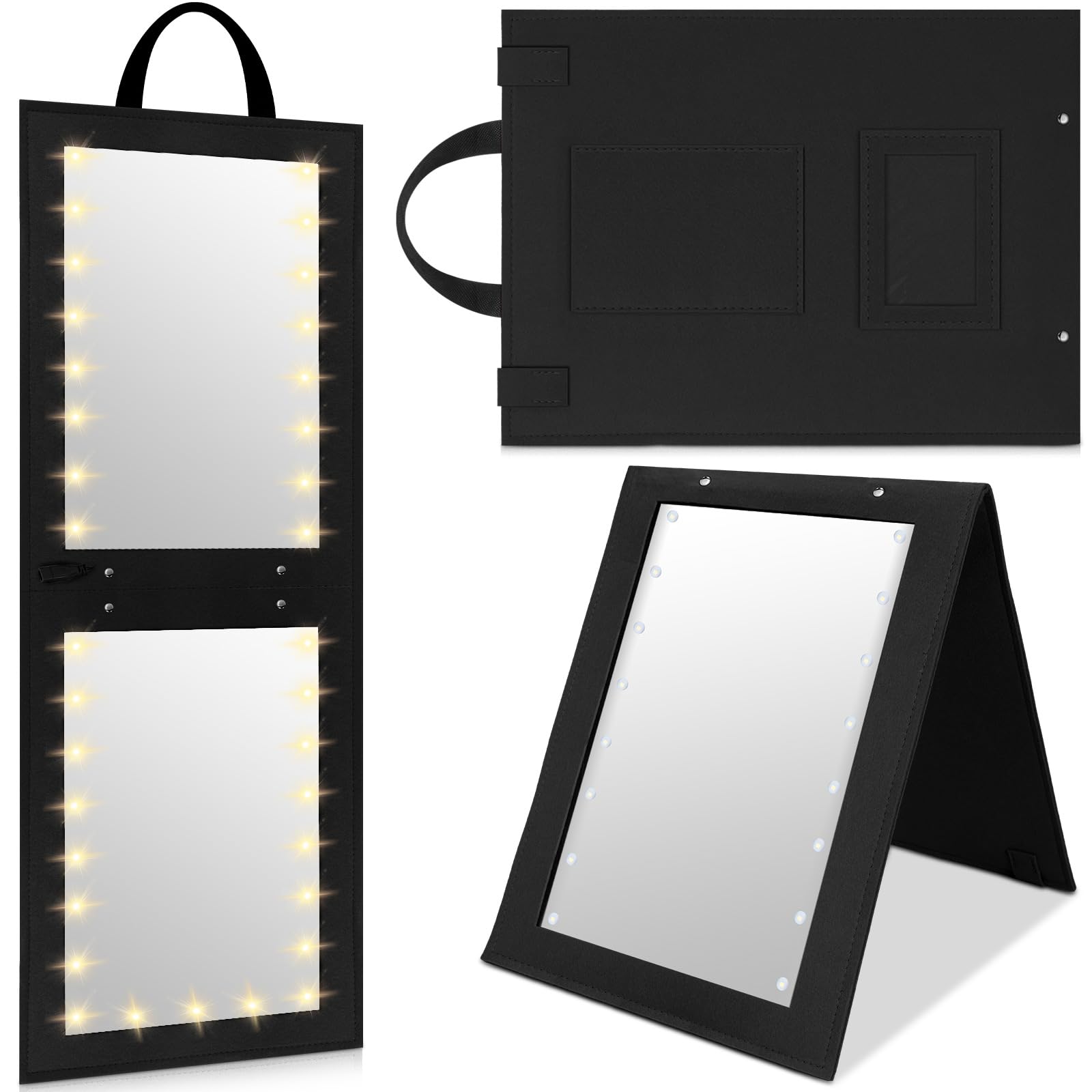 Photo 1 of Maysing 1 Pack Foldable Full Length Travel Mirror with Full Light 25.2x11.8 Inch Foldable Hanging Backstage Mirror LED Double Side Lights for Travel Camping Dance Competition Home Fitness Gift(Black)