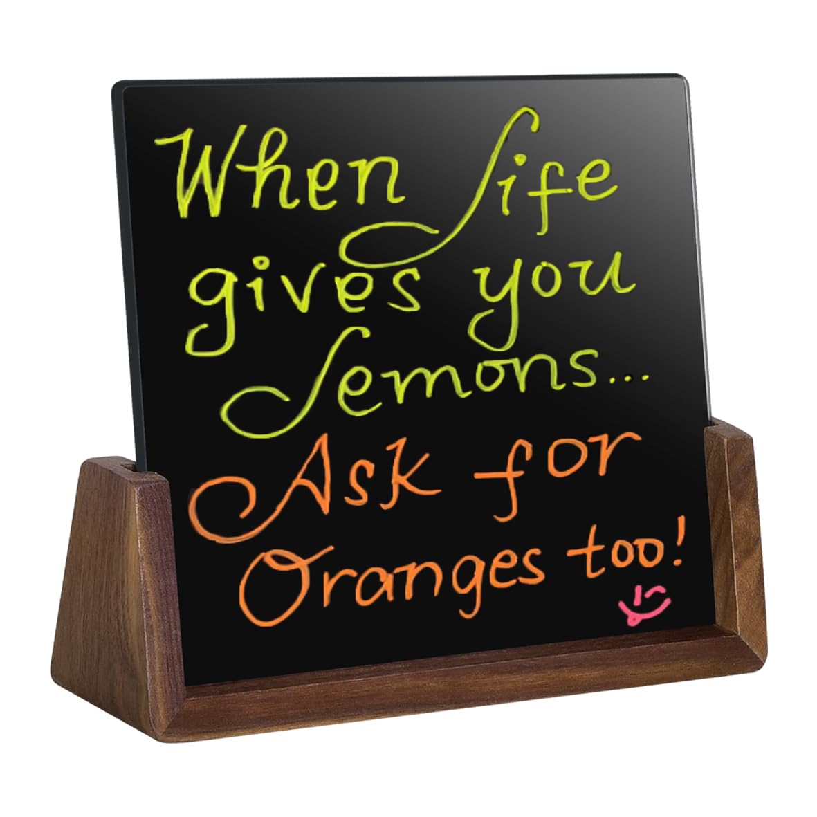 Umtiti Black Glass Dry Erase Board with Walnut Wood Base, Desktop Memo Board, Black Writing Note Pad, Mini Glass Board for Tabletop Display(Glass1518-Walnut)