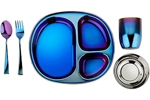 Ahimsa Stainless Steel Kids Dinnerware Set - 5 Piece Stainless Steel Toddler Plates and Bowls Set, Pediatrician Designed, Plastic Free Toddler Plate and Bowl, Kids Utensils and Cup (Blue)