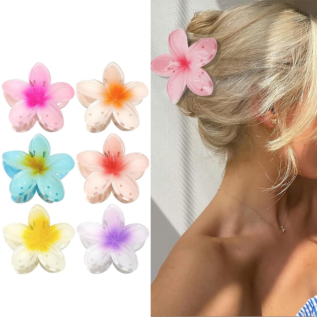6 Pcs Flower Hair Clip, Nonslip Flower Claw Clips Strong Hold Hawaiian Claw Clip, Ponytail Holder Headwear Hair styling Accessories for Straight Medium Thick Hair Hair Claw Clips for Women and Girls