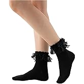 SHENHE Women's Bow Ruffle Socks Cute Frilly Lace Ankle Bobby Socks with Ribbons