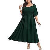 SCOMCHIC Womens Plus Size Maxi Dresses Smocked Square Neck Short Sleeve Wedding Guest Formal Flowy A-Line Long Dress