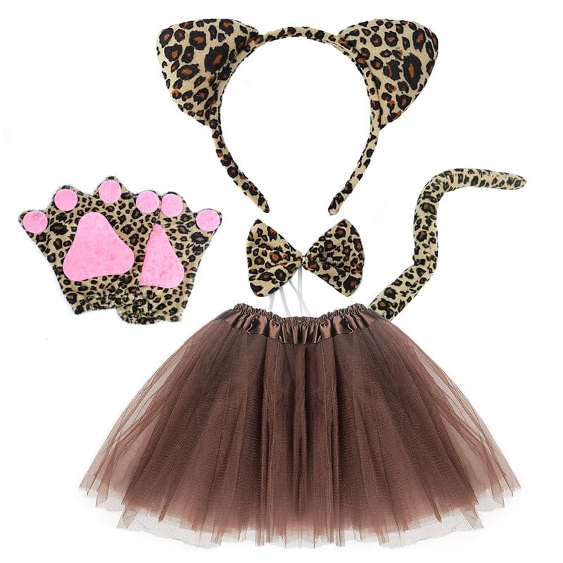 MIVAIUN 5 Pieces Leopard Costume Set Leopard Ears Headband Tail and Bow Tie Tutu Skirt Glove Animal Fancy Costume Kit Accessories Animal Theme Party Cosplay Party Halloween Stage Performance (Brown)