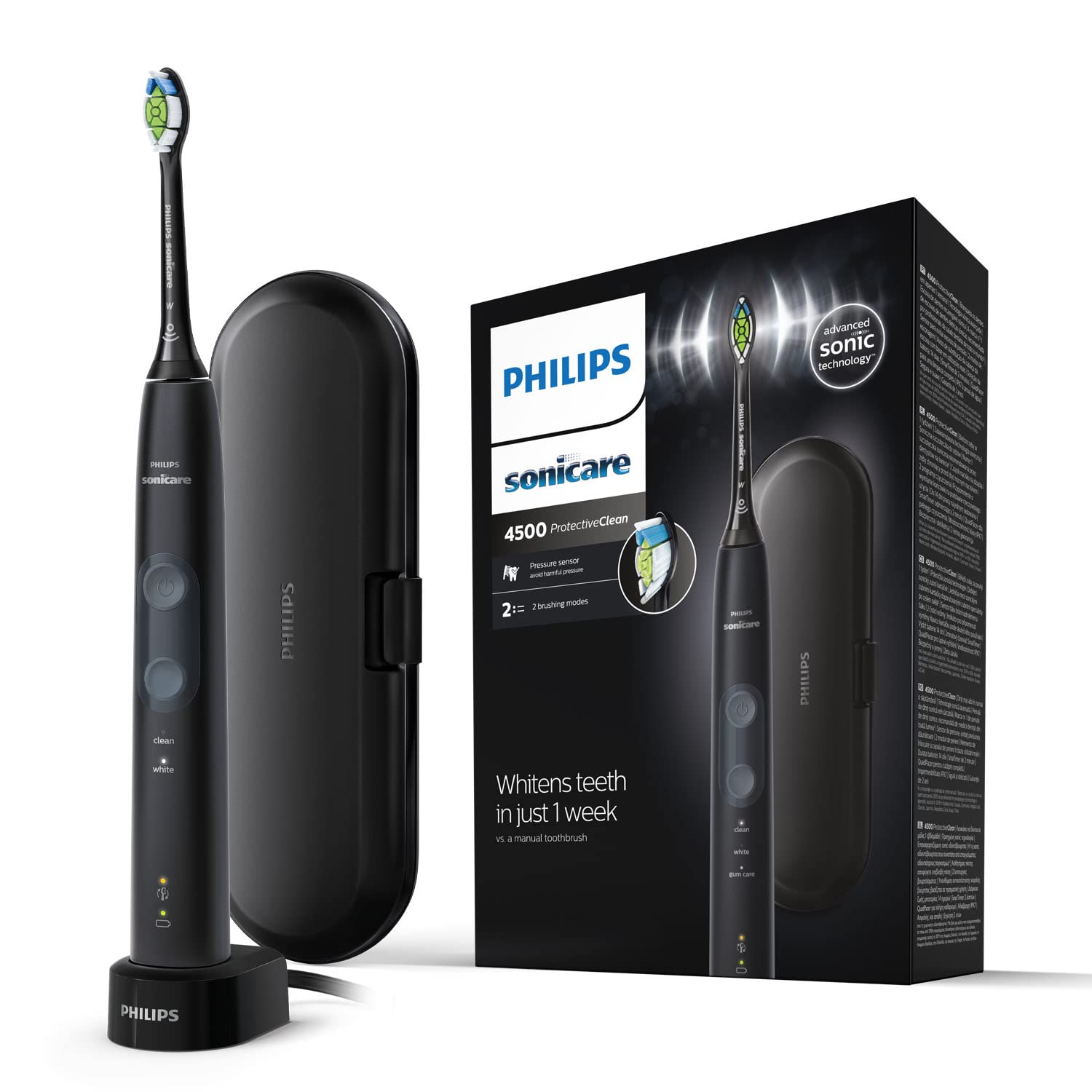 Philips Sonicare Protectiveclean 4500 Brosse À Dents Électrique Sonique Avec 2 Programmes De Brossage, Contrôle De Pression, Minuterie Et Étui De Voyage, Noir (Modèle Hx6830/53)