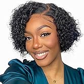 BLOCKICE Pixie Cut Wig Human Hair Stylish Curly Short Bob Wig Deep Wave 13x4 Lace Front Glueless Curly Human Hair Wigs for Black Women Natural Look Full Volume Lace Frontal 8 Inch