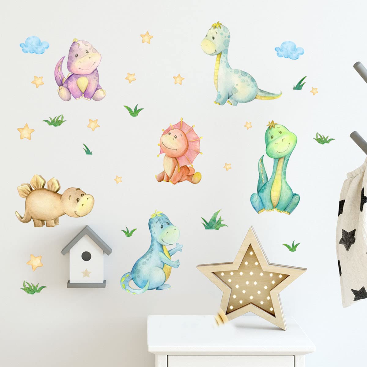 fanquare Colorful Cartoon Dinosaur Wall Decal Watercolor Wall Stickers Decoration with Stars, Grass, Clouds, Removable DIY Vinyl for Kids Nursery Childrens Bedroom Party