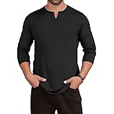 LuxMania Men's Casual Cotton V Neck Long Sleeve T-Shirts Solid Fall Pullover Basic Tee Tops with Pocket with Pocket