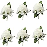 Meldel White Boutonniere for Men Wedding,Set of 6,Groomsmen Groom and Best Man Boutonniere for Wedding Prom, Rose Boutonniere for Men Wedding Ceremony Anniversary Party Homecoming