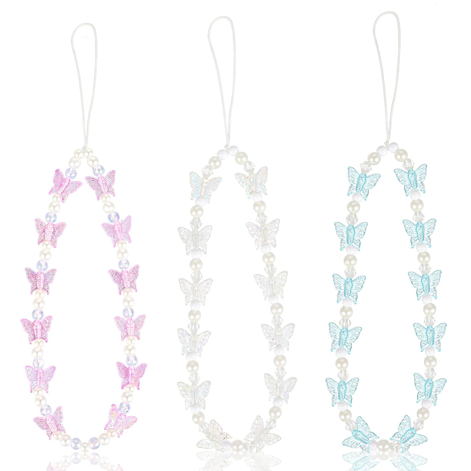Mabor 3 Pcs Beaded Phone Charm, Mobile Phone Charm Decoration Beaded Strap Lanyard Wrist Cute Chain Aesthetic Butterflies Strap Keychain Charms for Women Girl Gifts