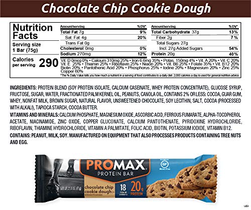 PROMAX PROTEIN BAR, CHOCOLATE CHIP COOKIE DOUGH, 20G HIGH PROTEIN, GLUTEN FREE, 12 COUNT