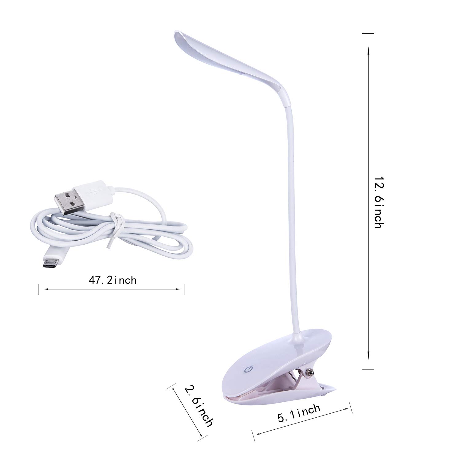 Rechargeable USB Clip on Lamp Reading Light Modern Desk Light Goose Neck with Touch Control LED 3-Level Brightness Adjustable