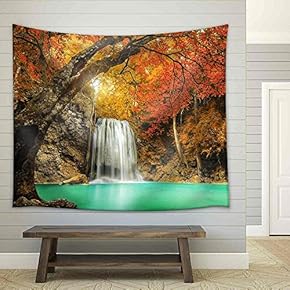 Erawan Waterfall in Kanchanaburi, Thailand - Fabric Wall Tapestry Home Decor - 51x60 inches