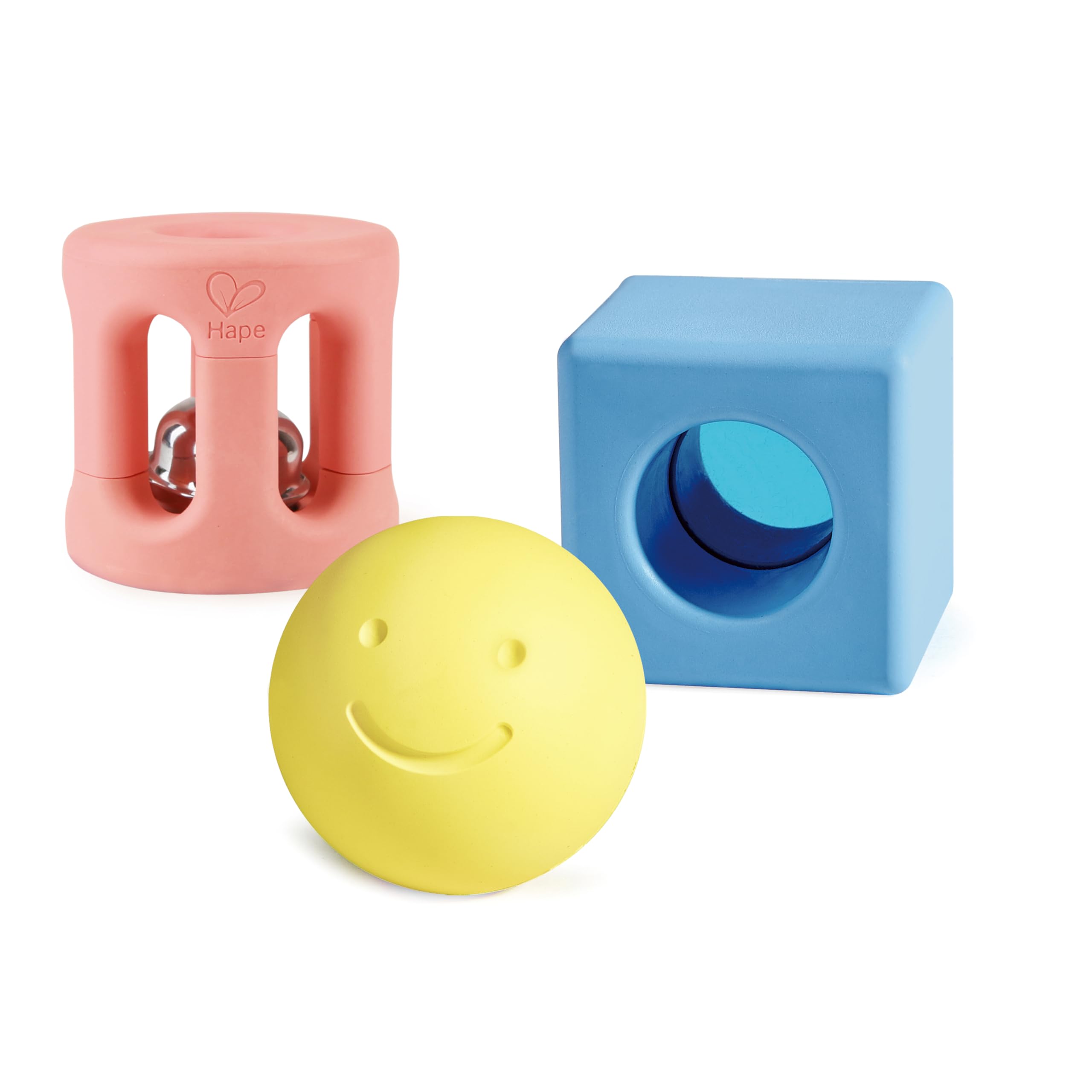 Hape Geometric Rattles - Baby Rattle Trio - Made with Rice - Baby Sensory Toy with Soft Sound, 0M+