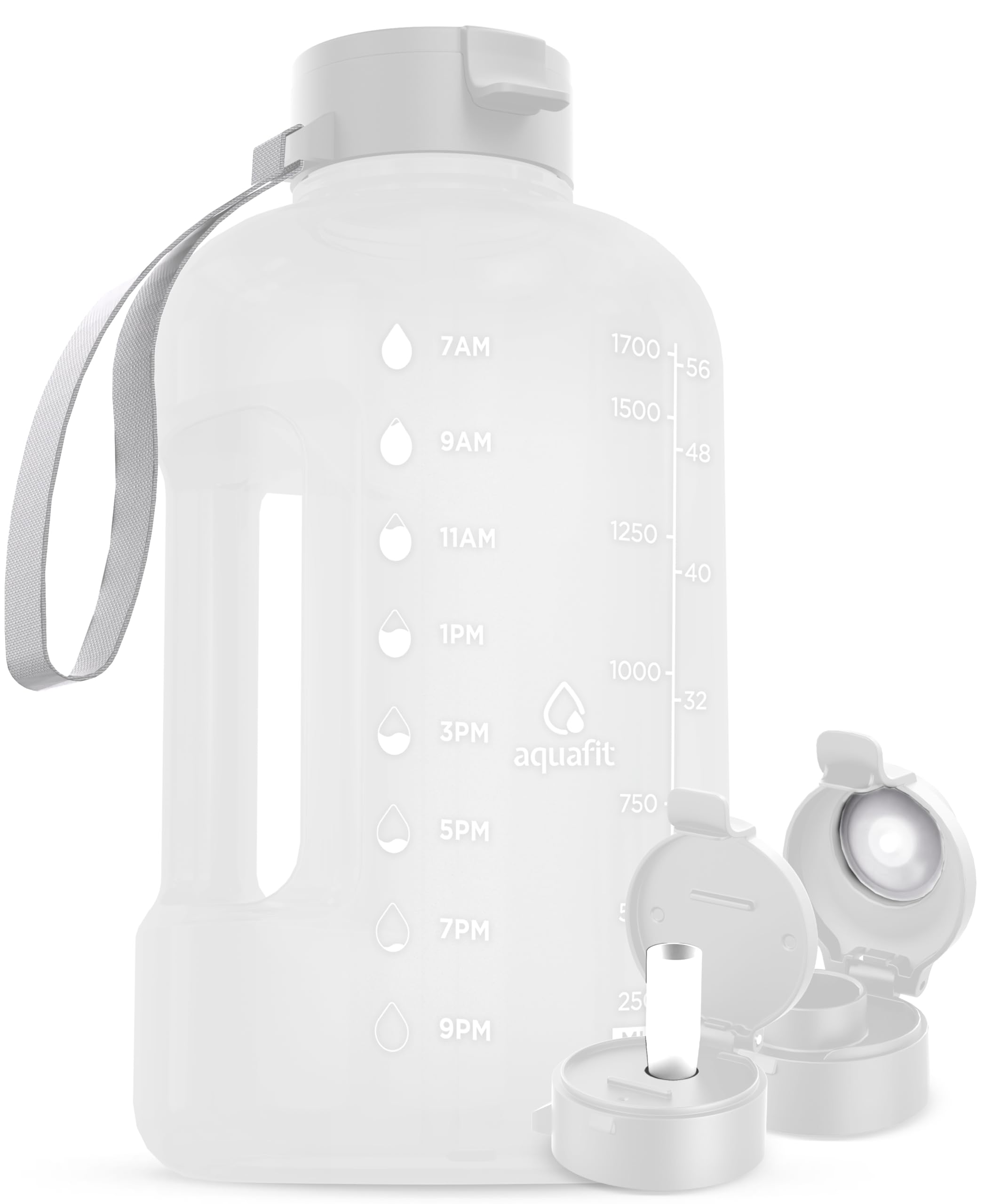 Photo 1 of AQUAFIT 64 oz Water Bottle with Time Marker - Straw & Chug Lid - BPA Free Half Gallon Gym Water Bottle with Handle - Big Gallon Jug (White, 64 Ounces)