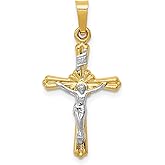 14k Two Tone Real Gold Budded Crucifix Pendant Necklace with INRI Jesus Figure on the Cross for Men and Women Catholic Religious Jewelry Christian Faith Cross Charm in Yellow and White Gold