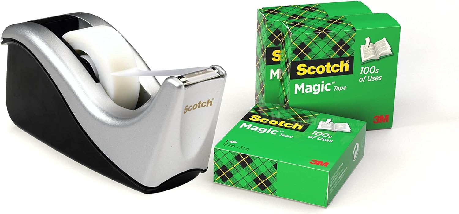 Scotch Tape Dispenser in Silver with 4 Rolls of Scotch Magic Tape 19mm x 33m - Ideal for School, Home and Office