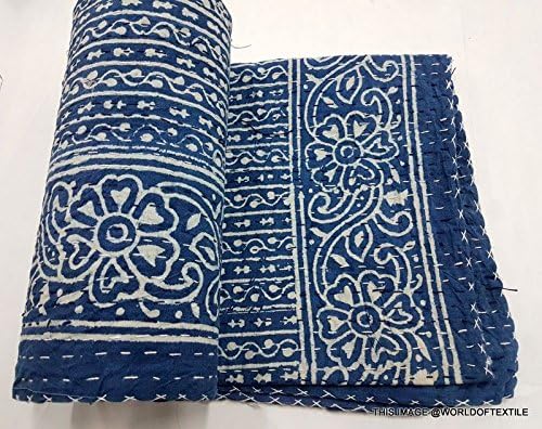 Hand Block Print Indian Cotton Kantha Quilt,Handmade Kantha Stitched Bed Cover/Blanket