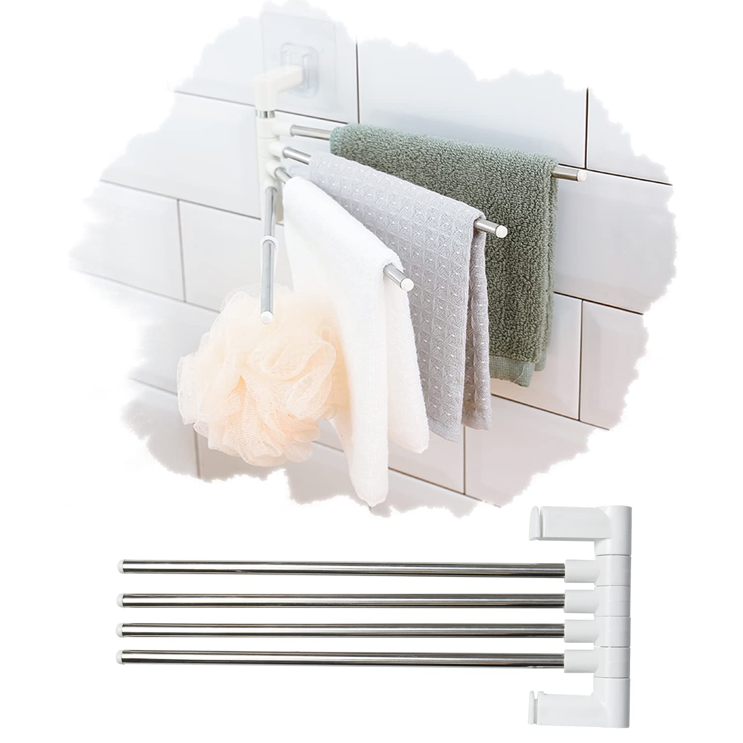 Swivel Towel Bar Wall Mounted 4 Arm Towel Rack Stainless Steel Towel Holder Space Saving Towel Rail for Kitchen Bathroom