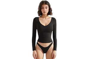 SUUKSESS Women Double Lined Casual V Neck Crop Tank Tops Basic Long Sleeve Shirts