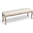 Cozyman Bedroom Bench, French Vintage Tufted Entryway Bench, 52.5" Carving Upholstered End of Bed Bench with Distressed Wood Legs, Linen Ottoman Bench Seat for Living Room King Size Bed, Beige