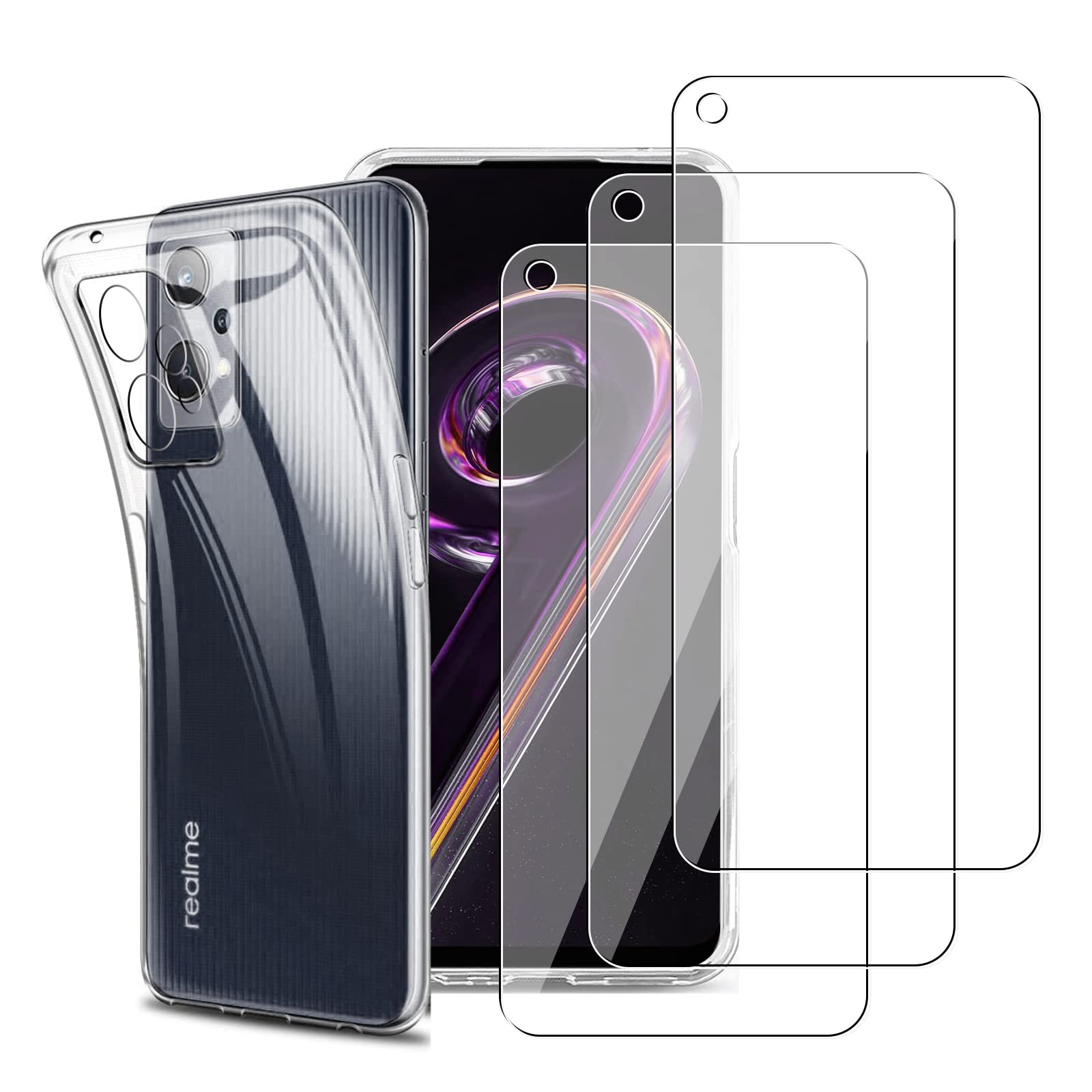 KZIOACSH Case for Realme 9 5G/Realme 9 Pro 5G,Durable Anti-Scratch Shockproof Rugged Transparent Clear Bumper Phone Cover Back Case with 3 Tempered Glass Screen Protector for Realme 9 5G/Realme 9 Pro