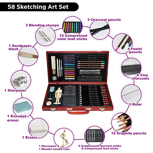 LUCKY-CROWN-Premier-Colored-Pencils-Sketching-and-Drawing-Art-Box-Set-58-PCS-in-Wooden-Handle-Case-for-Kids-and-AdultGift