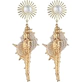 Bohemian Seashell Conch Earrings - Beach Shell Long Dangle for Women - Baroque Pearl Summer Boho Jewelry for Ladies - Ocean Sea Snail Earrings