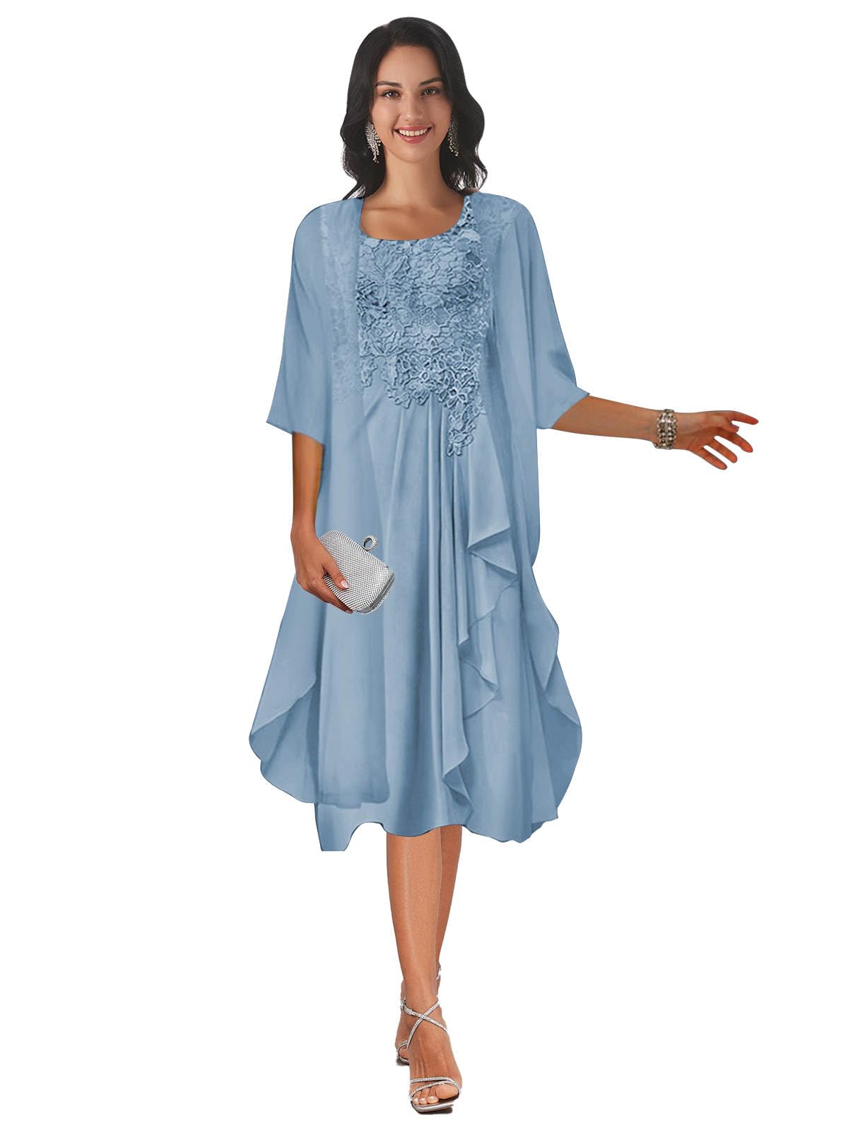 Photo 1 of SIZE 16. IGQ Dusty Blue Lace Mother of The Bride Dresses with Jacket 2 Piece Ruffle Chiffon Mother of The Groom Dress for Wedding Size 16