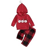 ZAXARRA Toddler Baby Christmas Outfits Santa Long Sleeve Hoodies Elastic Waist Plush Plaid Pants Baby Girl Clothes