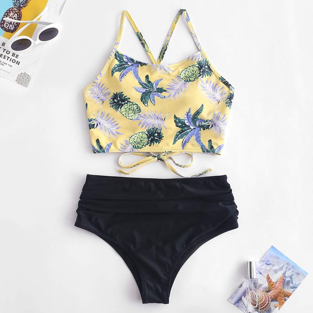 ZAFUL Womens Spaghetti Straps Sunflower Lace-up High Waisted Tankini Set