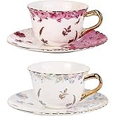 KAMMAK Tea Cups and Saucers Set of 2, Reinforced Porcelain Coffee Cups, 8.5-Ounce Stackable Espresso Mugs, Ceramic Demitasse for Coffee, Cappuccino, Latte, Americano, Tea, Colorful + Butterfly
