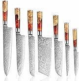 SENKEN 7-Piece Damascus Kitchen Knife Set - Tsunami Collection - 67-Layer Japanese VG10 Steel - Chef's Knife, Cleaver, Santoku, Bread, Boning, & More (Red Resin Blend)