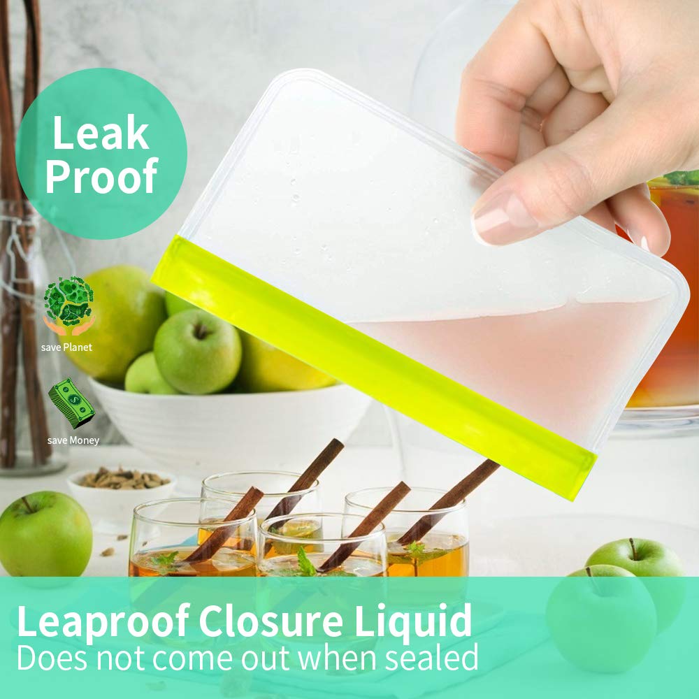 Reusable Sandwich & Snacks Bags, 10 Pack Ziplock Lunch Bags BPA-FREE PEVA Leakproof Washable Freezer Bags Silicone Food Storage Bags