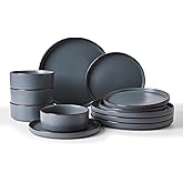 Famiware Nebula Ridge Stoneware Dinnerware Sets, Plates and Bowls Sets for 4, 12 Pieces Dishes Set, Microwave and Dishwasher Safe Kitchen Plates, Charcoal