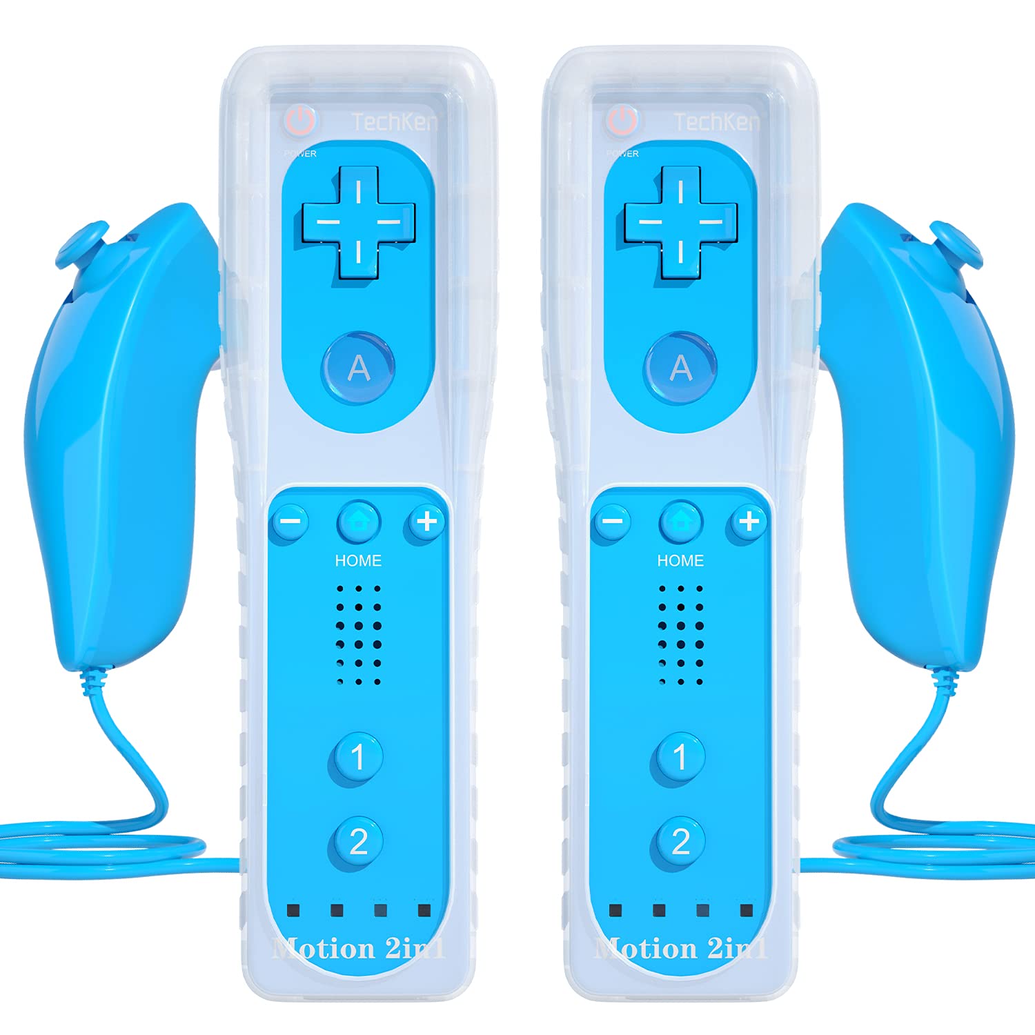 2 Sets Remote Controller for Wii, TechKen Replacement Remote Built-in Motion Plus Controller and Nunchuck (2 Blue)