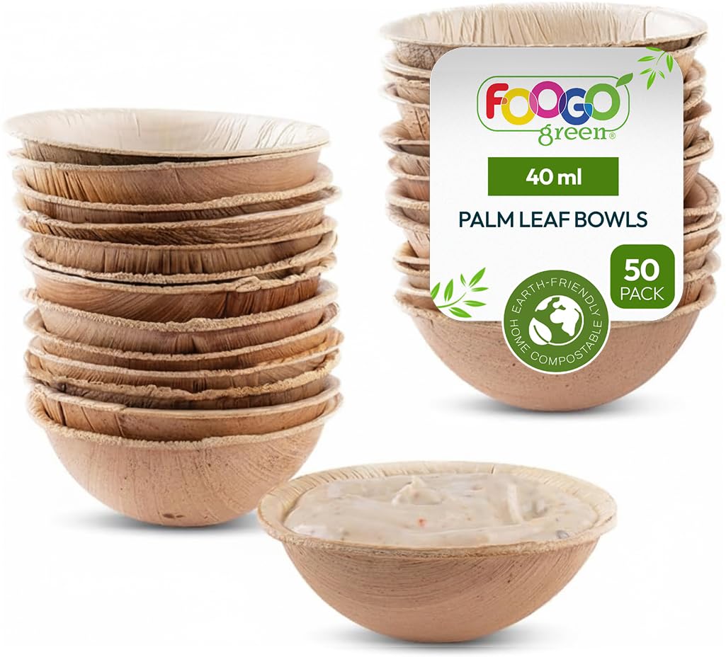 FOOGO Green 50pcs Disposable Mini Palm Leaf Bowls, 2.75" (7cm) Round, 40ml (1.4oz) Mini Sauce & Snack Pots, Ketchup Mayo Pots, Eco-Friendly Biodegradable, Like Bamboo and Paper Bowls