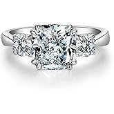 BeFab Classic Three Stone Cushion Cut Solitaire Engagement Ring Square Sterling Silver Anniversary Bridal Ring