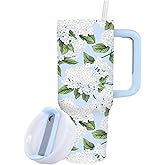 JarThenaAMCS 1 Pc Spring Tumbler with Handle Lid Straw 40 Oz Blue Hydrangea Flower Stainless Steel Travel Tumbler Cup for Iced Coffee Party Favor