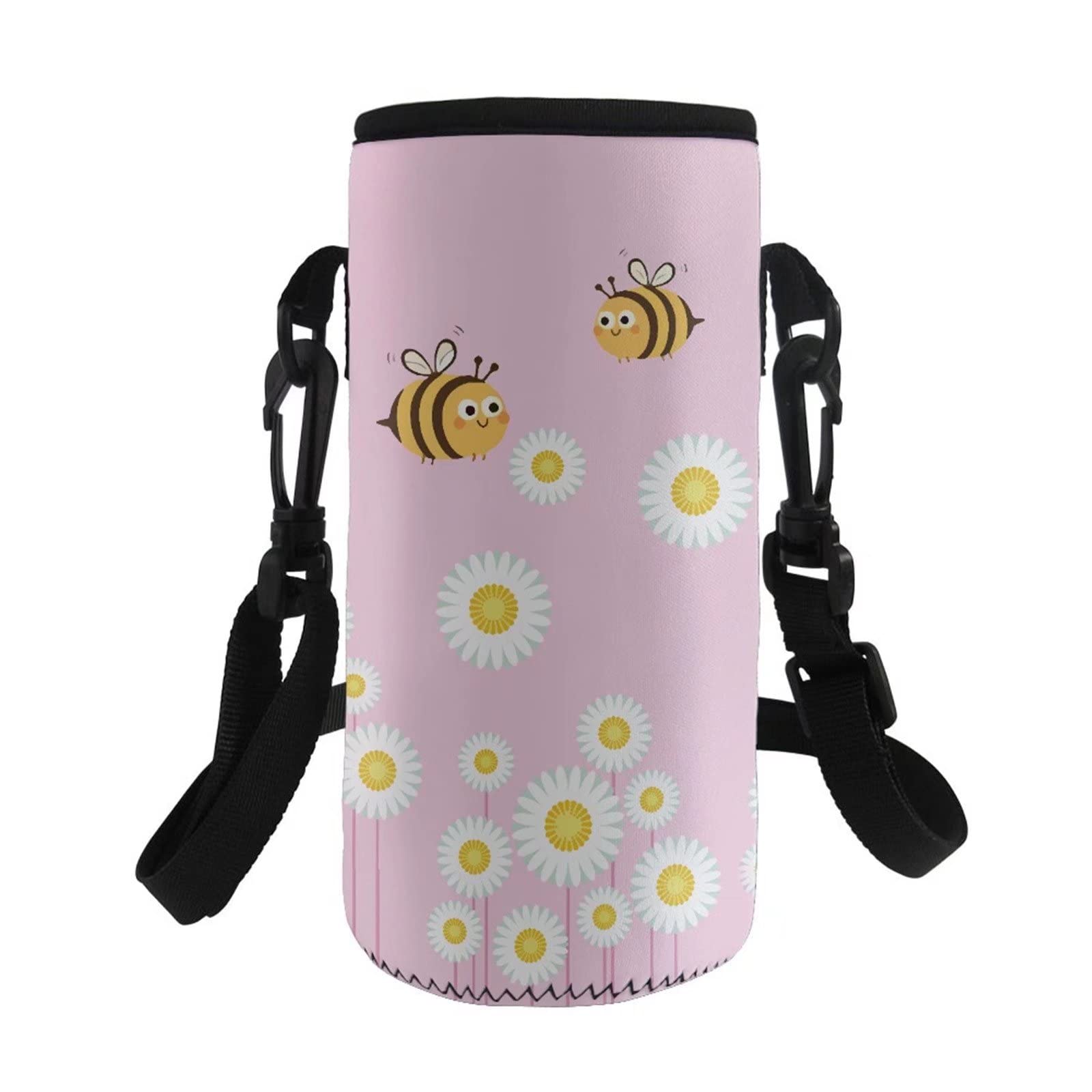COEQINE Water Bottle Carrier Insulated Water bottle Sling Holder Bag,Print Daisy Bees Pink,Adjustable Shoulder Strap, for Stainless Steel/Glass/Plastic Bottles