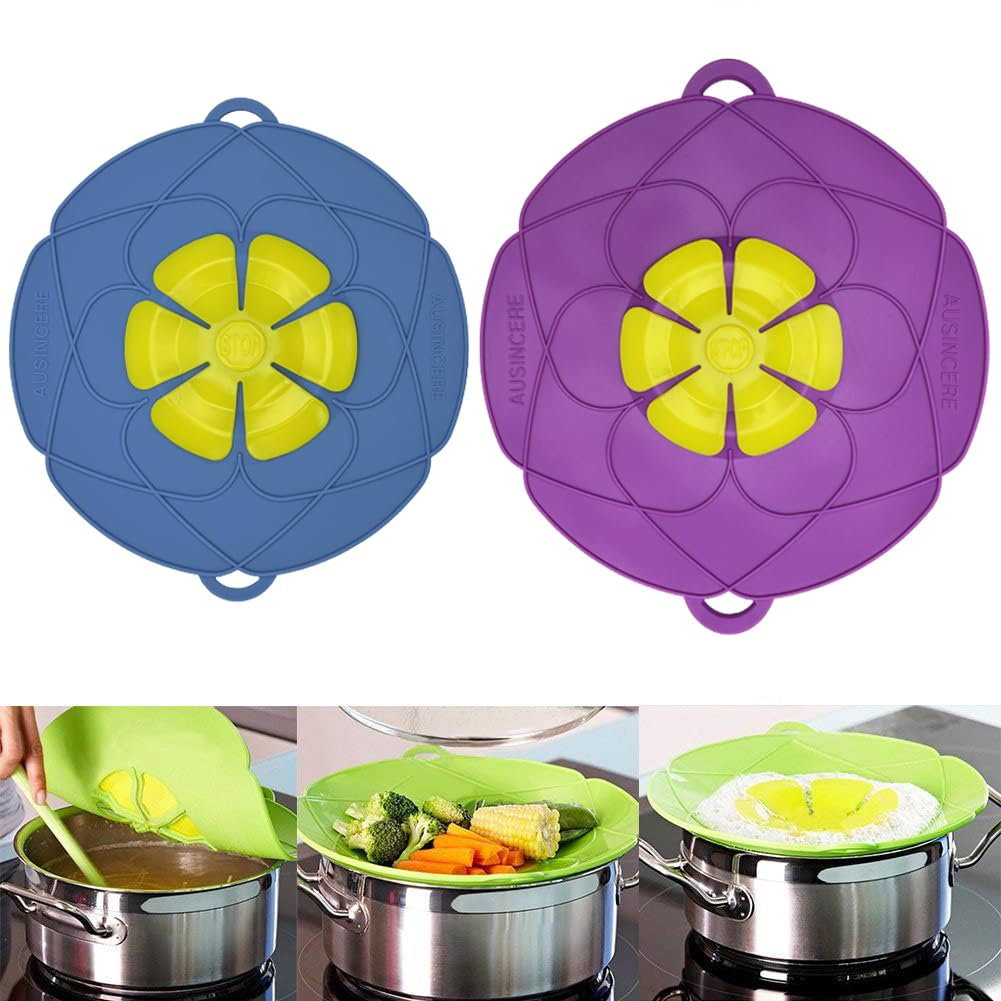 Photo 1 of AUSINCERE Spill Stopper Lid, Anti Spill & Boil Over Safeguard, Silicone Pot Cover, Multi-Function Kitchen Tool (11"(Purple)+10.2"(Blue))