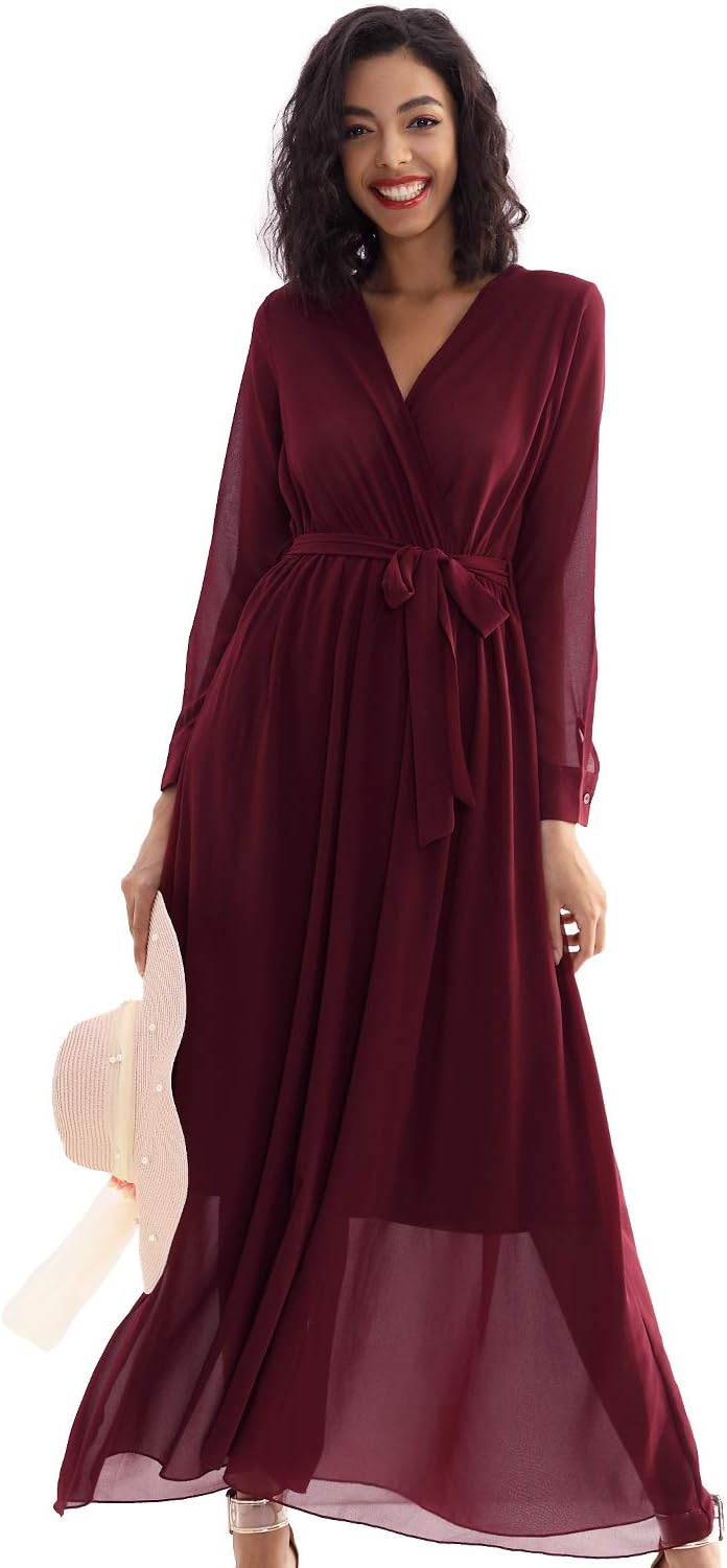 Women's Casual Maxi Dress Deep V Neck Wrap Long Sleeve Swing Chiffon Dress with Pockets