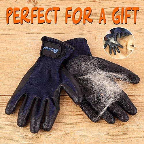 GoPetee Pet Dog Grooming Glove 2 in 1 Cat Horse Hair Removal Massage Mitt Rubber Brush with Flexible Five Finger Design for Shedding Bathing Long and Short FurLong Short Fur (1 Pair) …
